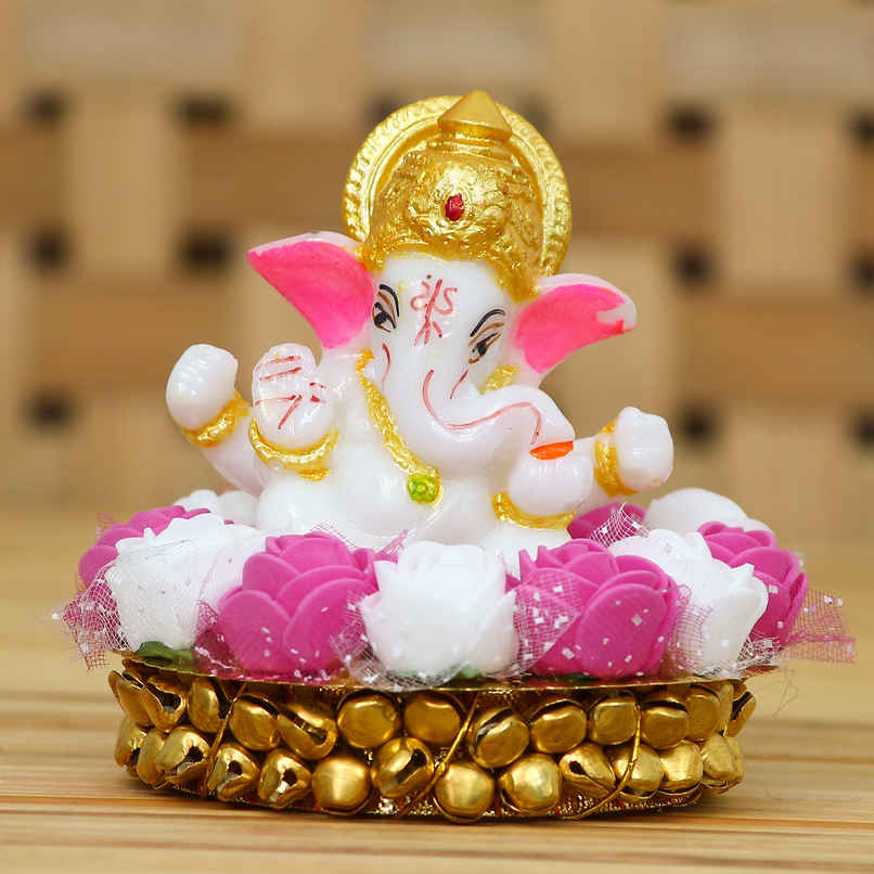 Resin Lord Ganesha Idol on Decorative Handcrafted Plate with Pink White Flowers | eCraftIndia