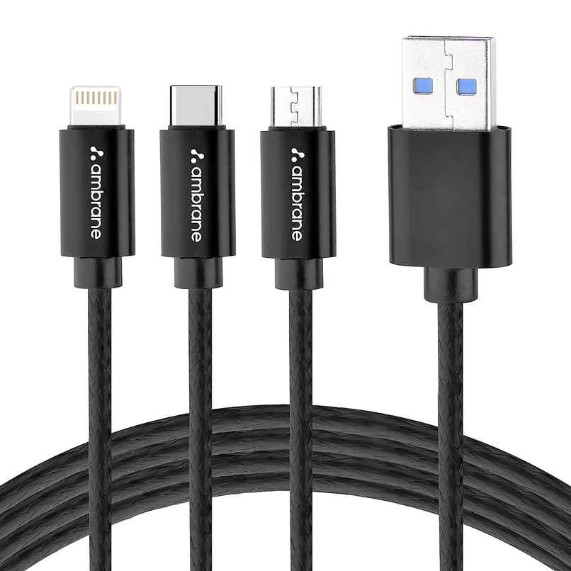 Ambrane Trio-11 Unbreakable 3 in 1 USB Fast Charging USB Cable with Type C, Lightning, Micro USB Port with 2.1 A, Compatible with iPhone, iPad, Samsung, OnePlus, Mi, Oppo, Vivo, Xiaomi, 1.25M - Black