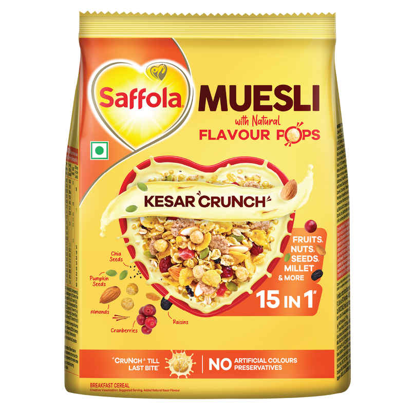 Saffola Muesli Kesar Crunch With Flavour Pops 15 In 1 Fruit And Nuts
