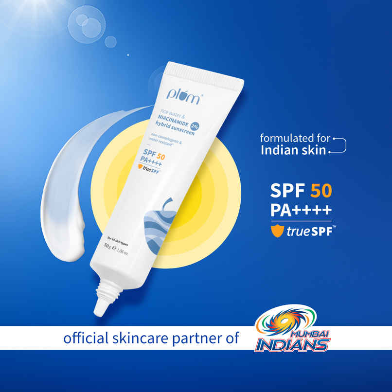 Plum 2% Niacinamide & Rice Water Hybrid Face Sunscreen With SPF 50 Plum 2% Niacinamide & Rice Water Hybrid Face Sunscreen With SPF 50