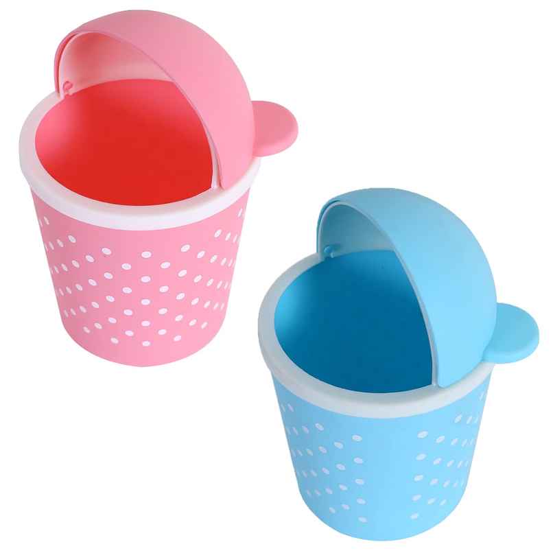 Kuber Industries Pack of 2 Teddy Table Dustbin Swinging Lid Waste Bin for Office (Sky Blue & Pink)