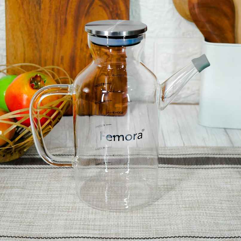 Femora Pure Flow Glass Oil Dispenser Bottle Oil Jar 1 Ltr (34Oz) -Transparent