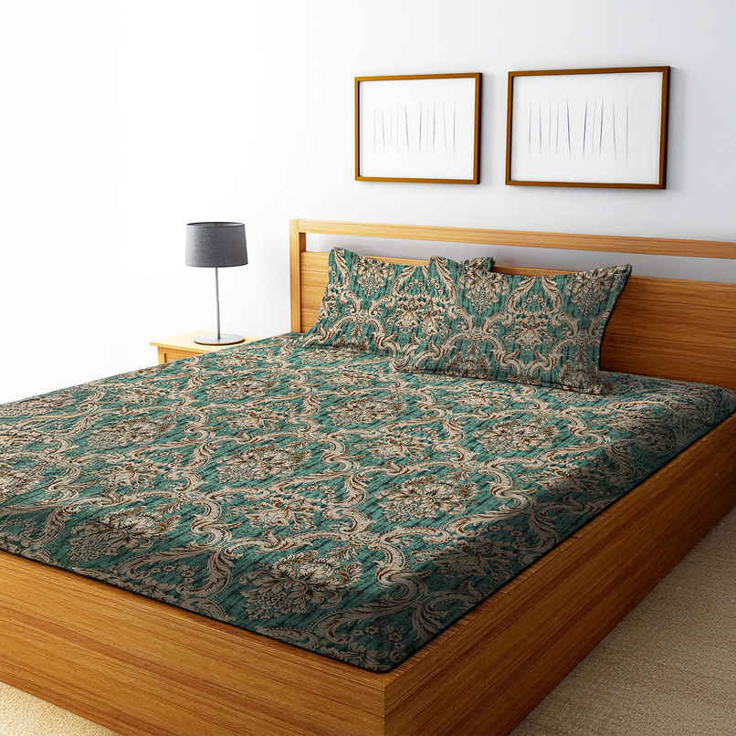 Dream Living King Size Bedsheet Micropeach Ethnic | 135 Gsm With 2 Pillow Covers | Green, 108x106in