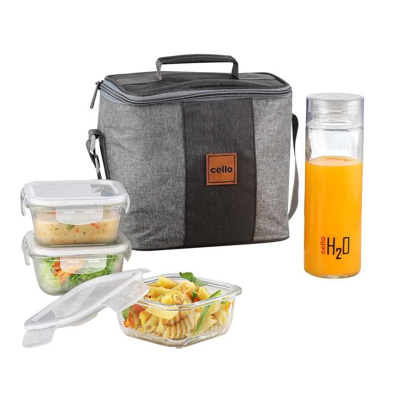 Cello Glassy Square Bottle Lunch Box | Borosilicate Glass | 3 x 320ml and 500 ml | Clear Cello Glassy Square Bottle Lunch Box | Borosilicate Glass | 3 x 320ml and 500 ml | Clear