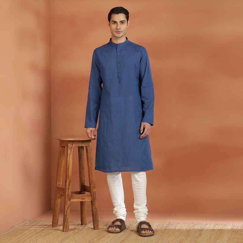 Fabindia Men's Cotton Slim Fit Long Kurta | Blue - L Fabindia Men's Cotton Slim Fit Long Kurta | Blue - L