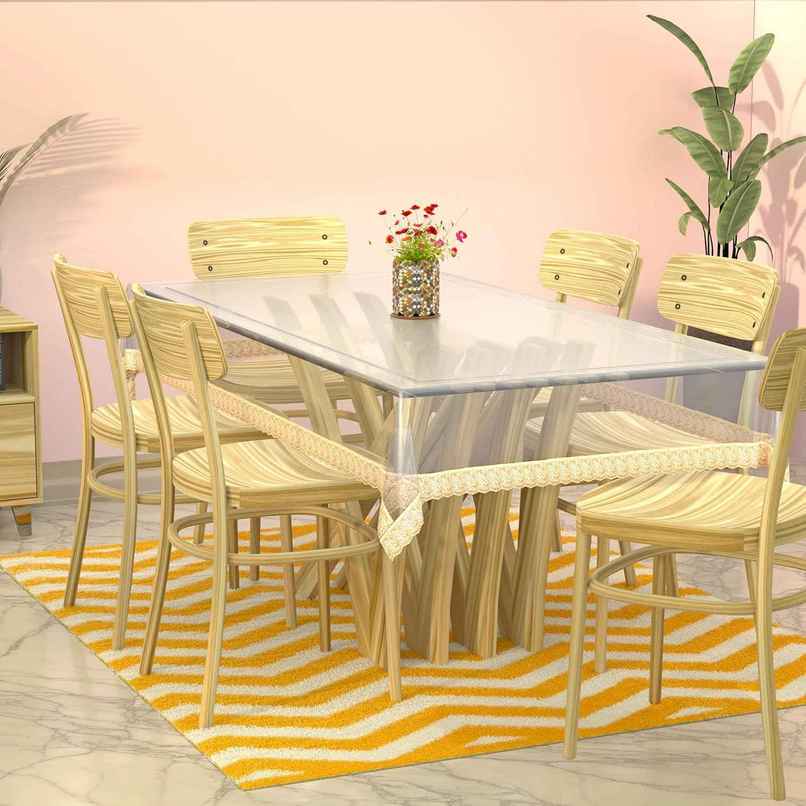Kuber Industries PVC 6 Seater Transparent Dining Table Cover with Golden Lace