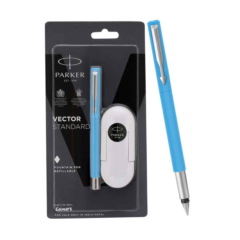 Parker Vector Standard Fountain Pen | Ink Color Blue | Fine Nib, Blue Body with Chrome Trim