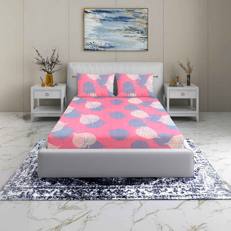 Homeharmony Printed Double Leafy Bedsheet | With 2 Pillow Covers | Pink | 87 x 98 in