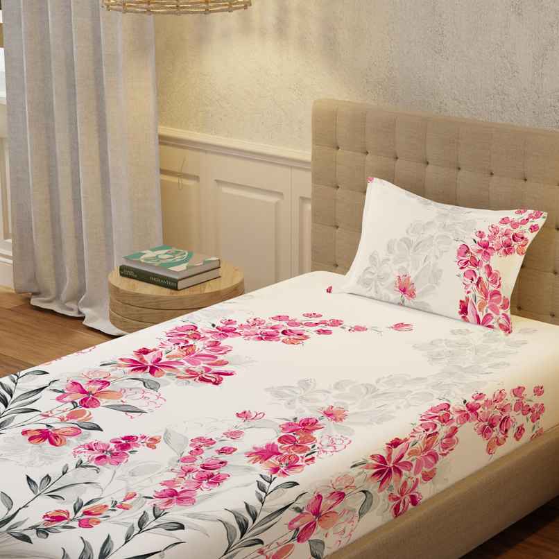 Urban Space 200 TC 100% Cotton Single Floral Bedsheet with 1 Pillow Cover | Pink | 90 x 58 in