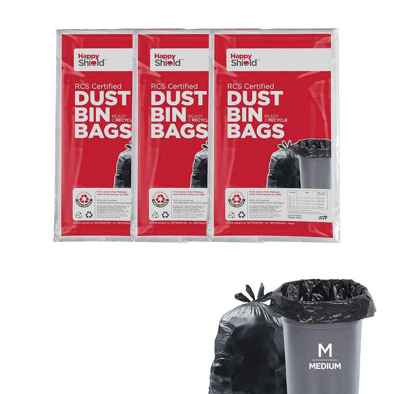 Happy Shield - Garbage Bags (90 Pieces), Medium (19 X 21 Inches)-30 Pieces/Pack (Pack Of 3), Black