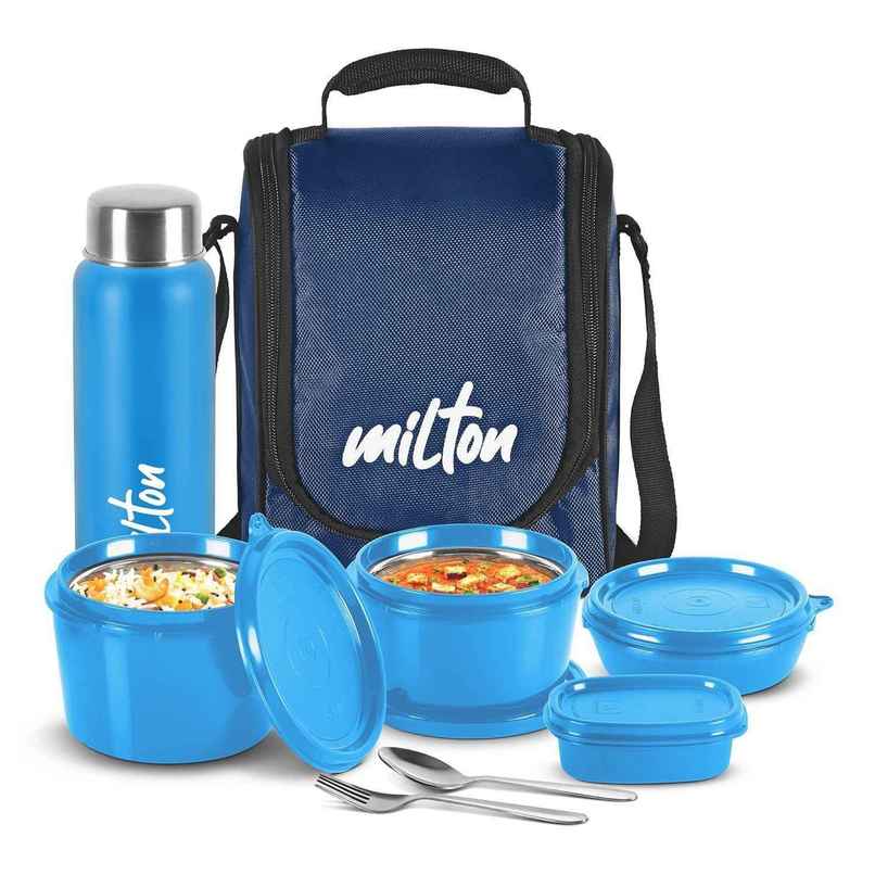Milton Pro Lunch Box (3 Inner Steel Containers, 1 Plastic Dabba, Bottle, & Spoons) With Bag, Blue Milton Pro Lunch Box (3 Inner Steel Containers, 1 Plastic Dabba, Bottle, & Spoons) With Bag, Blue