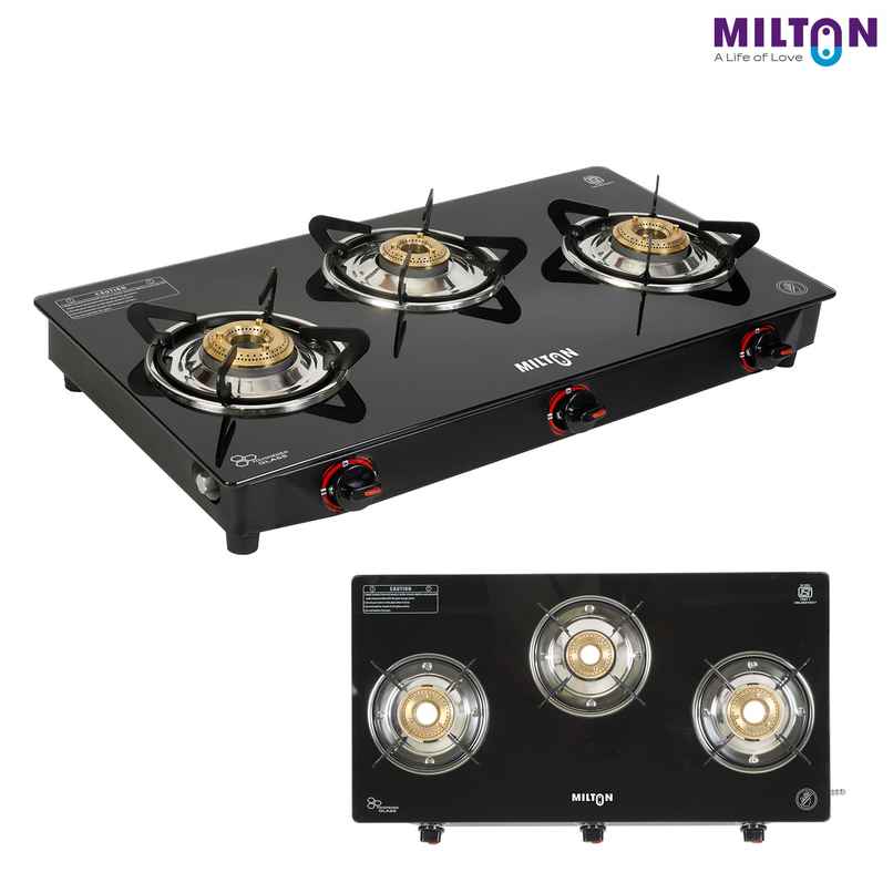 Milton Premium 3 Burner Black Manual Ignition Glass Top Gas Stove | ISI Certified Milton Premium 3 Burner Black Manual Ignition Glass Top Gas Stove | ISI Certified