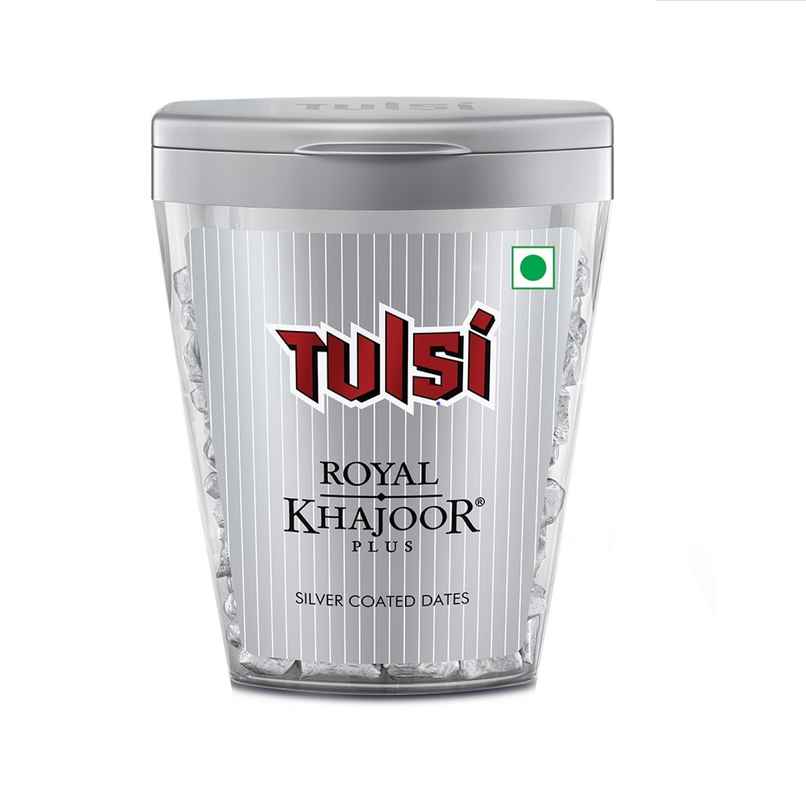 Tulsi Royal Khajoor Plus Flip Top Can Silver Coated Khajoor Dates, Mint Mouthfreshner Tulsi Royal Khajoor Plus Flip Top Can Silver Coated Khajoor Dates, Mint Mouthfreshner