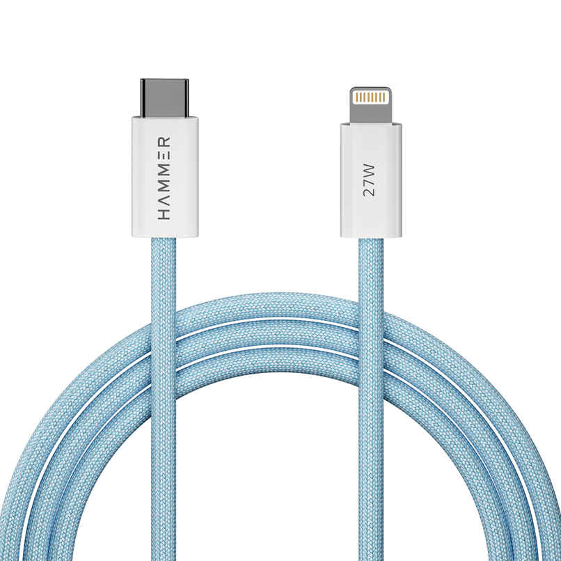 Hammer 27W Type-C to Lightning 8 Pin Nylon Braided Cable, 27W Fast Charging, 480Mbps High Speed Data Transfer & Durable Tangle Free Design, Compatible with iPhone, iPad, iMac, AirPods, 1.2M - Blue