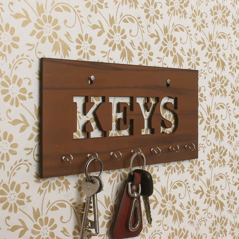 eCraftIndia Brown Keys Theme Wooden Key Holder With 7 Key Hooks For Wall