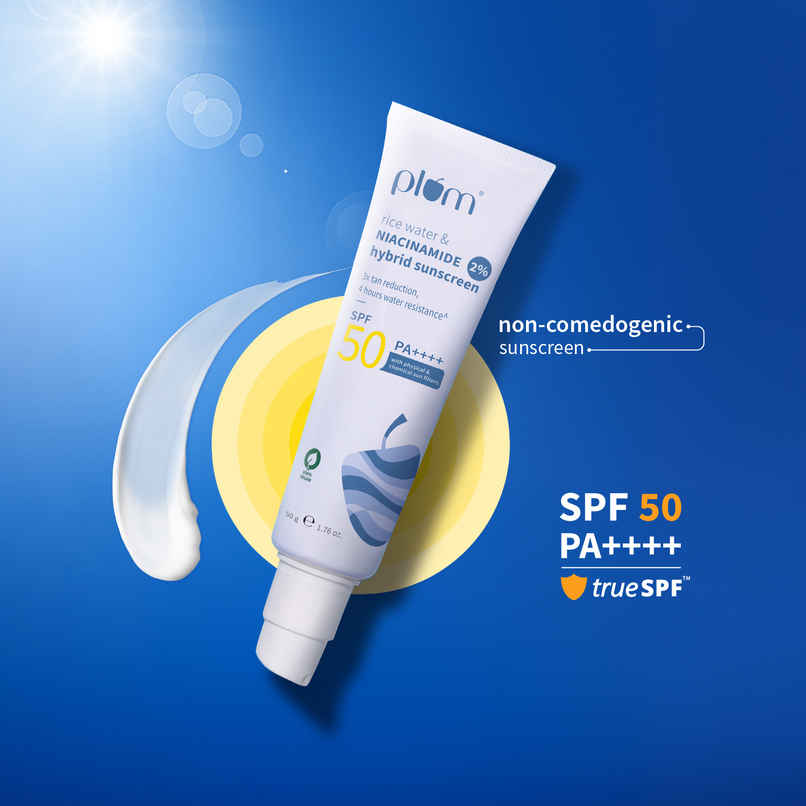 Plum 2% Niacinamide & Rice Water Hybrid Face Sunscreen With SPF 50 Plum 2% Niacinamide & Rice Water Hybrid Face Sunscreen With SPF 50