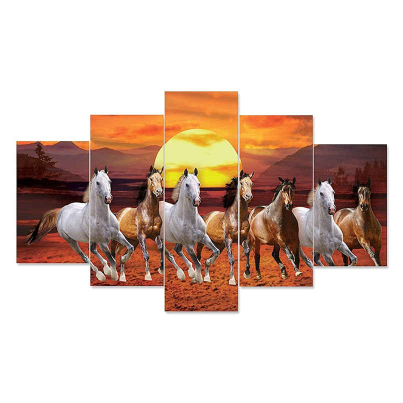 Perpetual Seven Running Horses Painting for Wall Decoration | Set of 5 | 75 cm x 43 cm