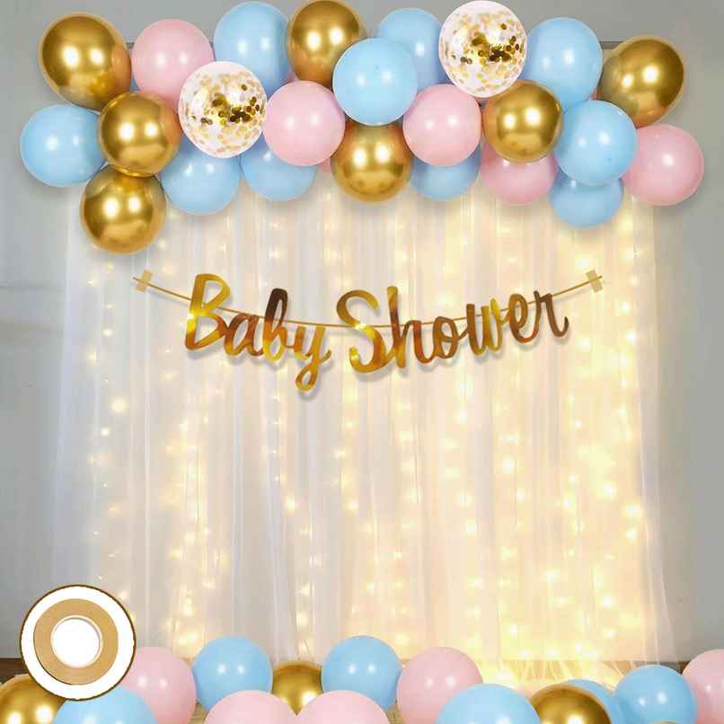 Baby Shower Decoration Items | White Net Curtain, Fairy Lights, Foil Banner, Balloons | Party Propz