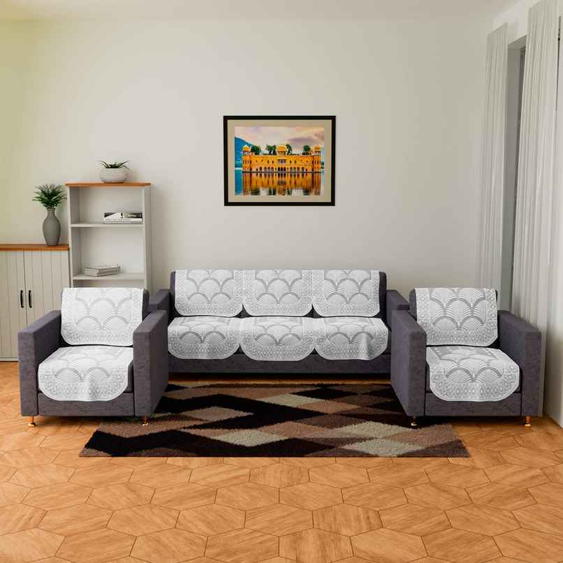 Kuber Industries Cotton Net Rainbow Pattern 5-Seater Sofa Cover for Home Decor|Living room|White