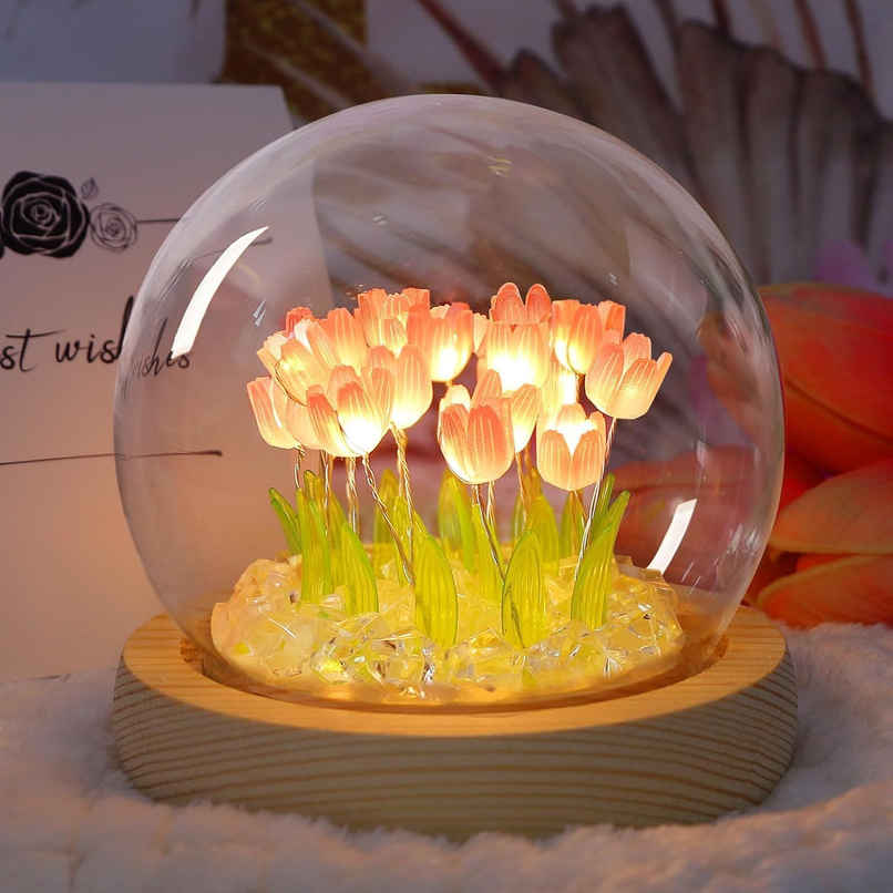 DesiDiya Round Tulip Crystal Ball LED Night Light For Valentine For Girlfriend, Wife, Love One