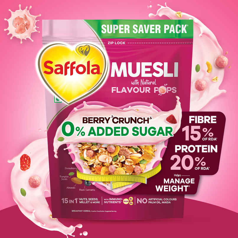 Saffola Muesli 0% Added Sugar Berry Crunch With Flavour Pops | Helps Manage Weight