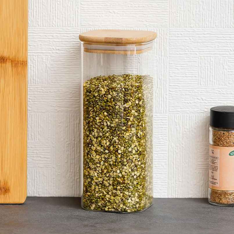 Femora Kitchen Storage Jars Borosilicate Glass Jar With Wooden Lid Air Tight Jar, 1000 ml