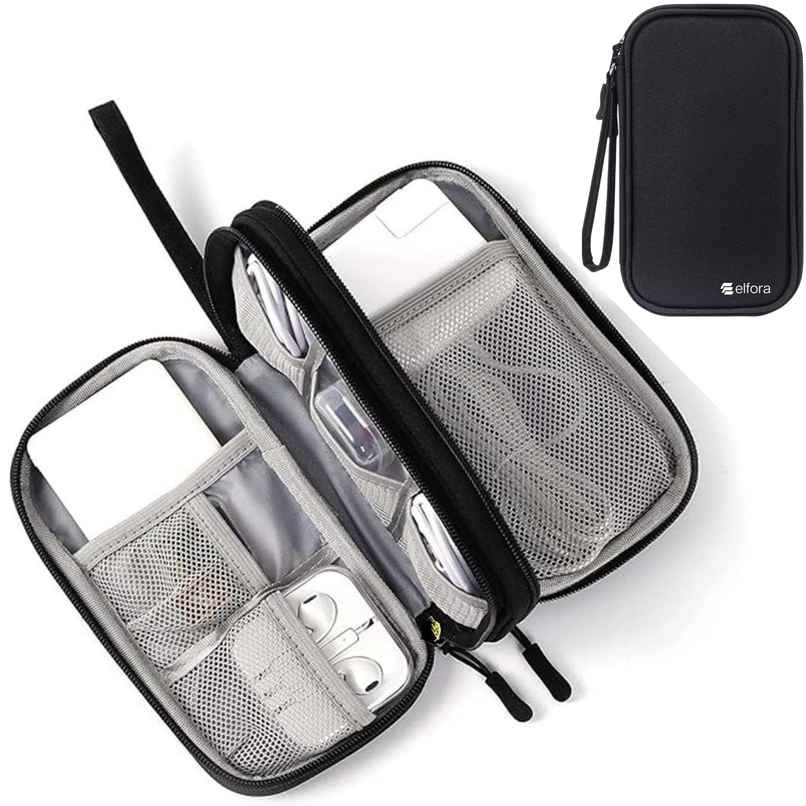 Elfora Cable Organizer Pouch Double Layer Travel Storage for Cables Chargers Power Bank | Black
