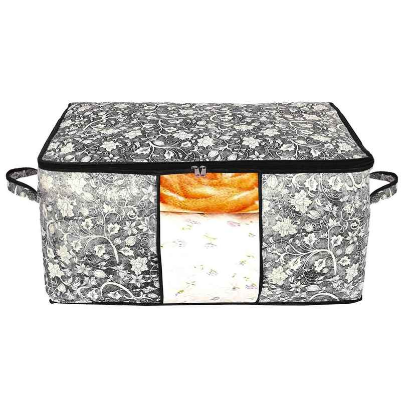 Kuber Industries Flower Foldable Non Woven Underbed Storage Bag with Transparent Window (Black) Kuber Industries Flower Foldable Non Woven Underbed Storage Bag with Transparent Window (Black)