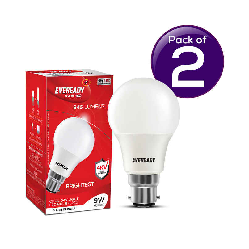 Eveready 9W LED Bulb, Cool Day Light | 6500K, B22 Base, 4kV Surge Protection, Long-Lasting Durability Combo