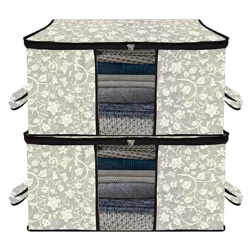 Kuber Industries Flower Underbed Storage Bag|Clear Window|Zipper & Handle|Large|Pack of 2|Black