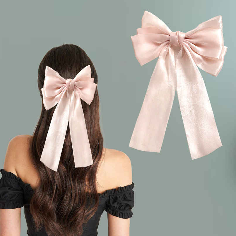 Majestique Big Satin Layered Hair Bow | Long Tail Ribbon Clip Accessory for Women | Pink Majestique Big Satin Layered Hair Bow | Long Tail Ribbon Clip Accessory for Women | Pink