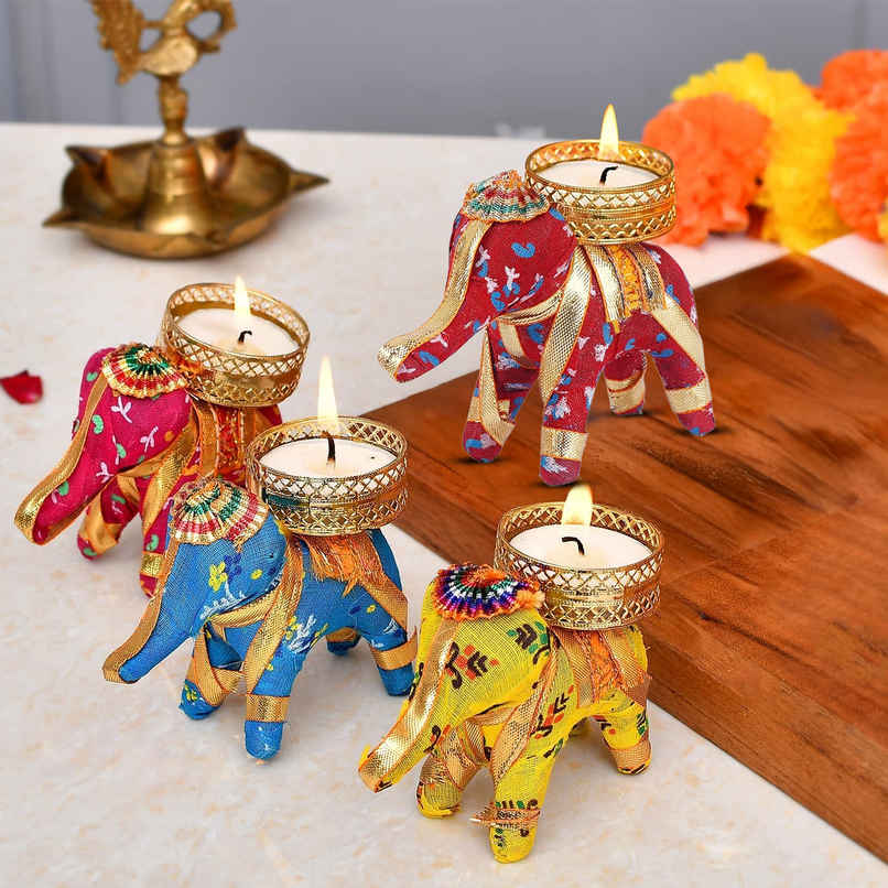 Elephant Design Diya for Diwali Celebration | Multicolour | Pack Of 4 | Party Propz