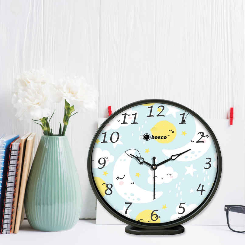 Bosco Modern Silent Blue with Black Frame 20 CM Table Cum Round Wall Clock BWC 1205