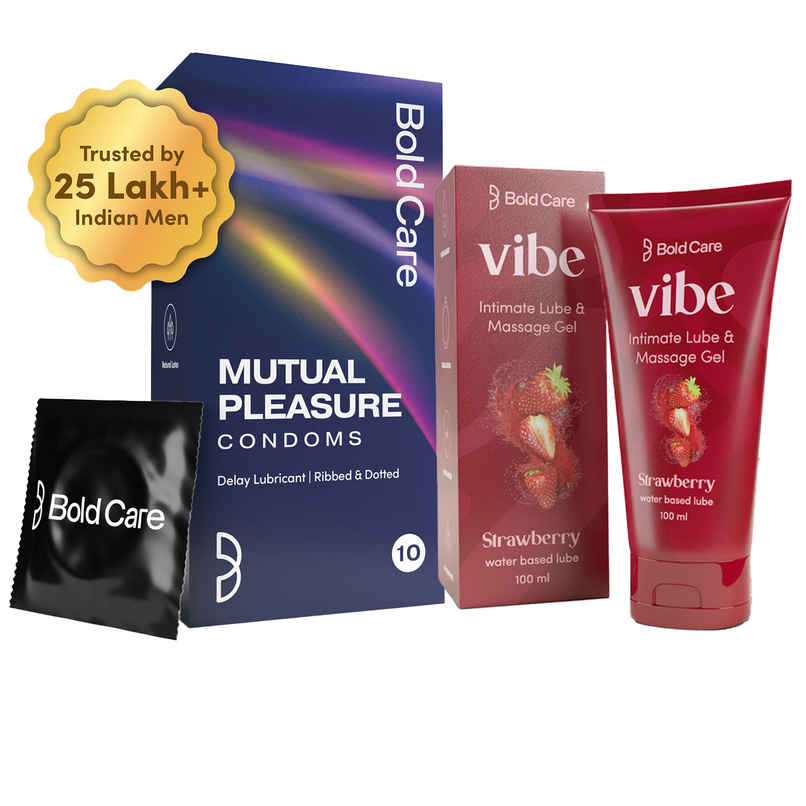 Bold Care 404 Mutual Pleasure Condoms For Men (Pack Of 10) (10pc) & Bold Care Vibe - Strawberry Flavoured Water-Based Intimate Lube (100ml) Combo 