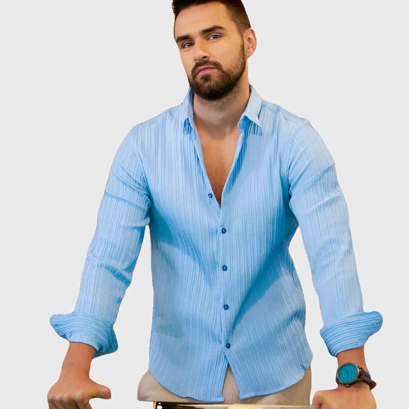Campus Sutra Men's Polyester Blend Self-Design Striped Shirt | Blue | S