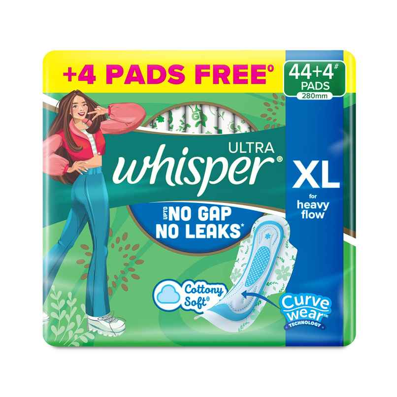 Whisper Ultra Upto No Gap No Leaks Sanitary Pads, 48 XL Pads (Based on P&G Technical Data) Whisper Ultra Upto No Gap No Leaks Sanitary Pads, 48 XL Pads (Based on P&G Technical Data)