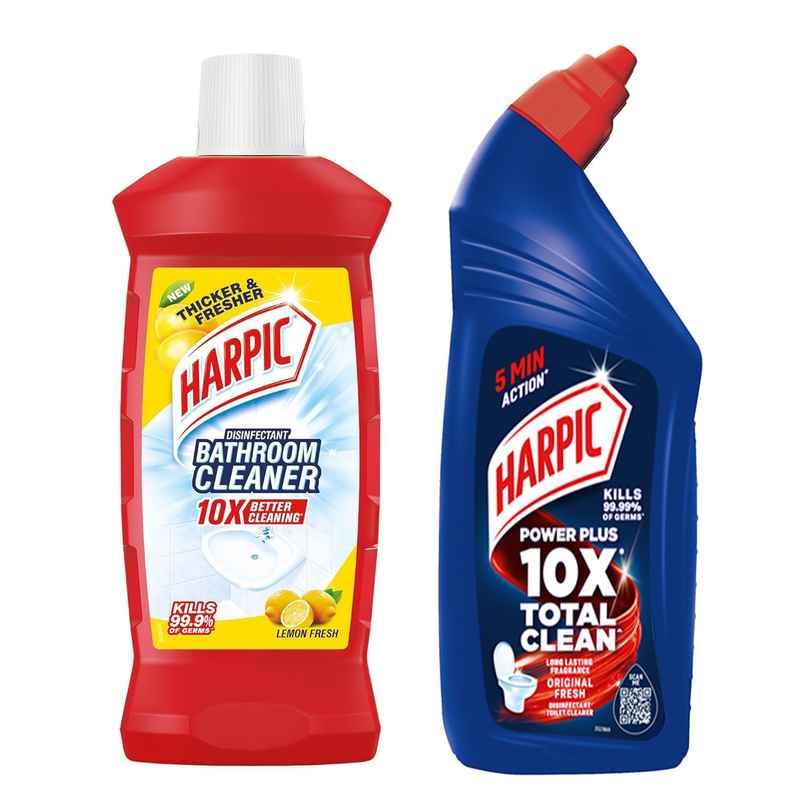 Harpic Disinfectant Toilet Cleaner Liquid Original 1 L & Disinfectant Bathroom Cleaner Liquid Lemon 1 L Combo