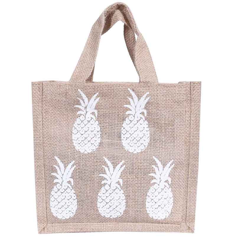 Kuber Industries Jute Fabric Pineapple Print Lunch Bag for Office |School |Gift (Brown) Kuber Industries Jute Fabric Pineapple Print Lunch Bag for Office |School |Gift (Brown)