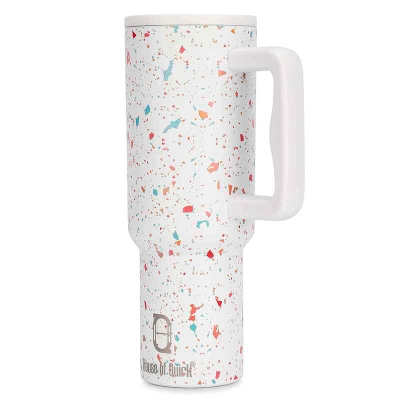 House of Quirk Stainless Steel Tumbler with Handle & Lid, 2 Straws | Cream Paint - 1200 ml