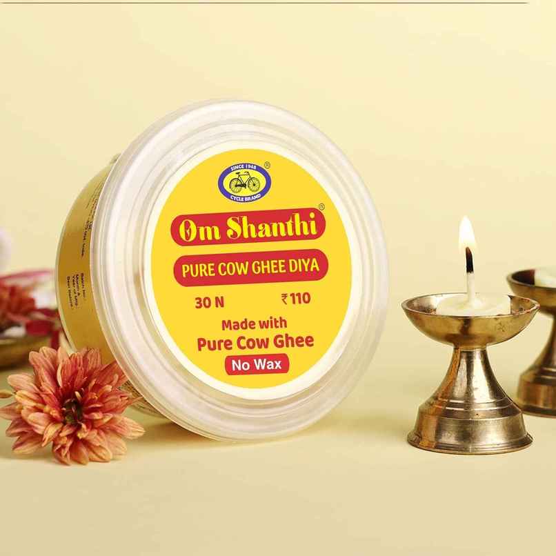 Om Shanthi Pure Cow Ghee Diya | Yellow | Traditional | Cotton | Pack of 30 | Diya-Pooja | Cycle Om Shanthi Pure Cow Ghee Diya | Yellow | Traditional | Cotton | Pack of 30 | Diya-Pooja | Cycle