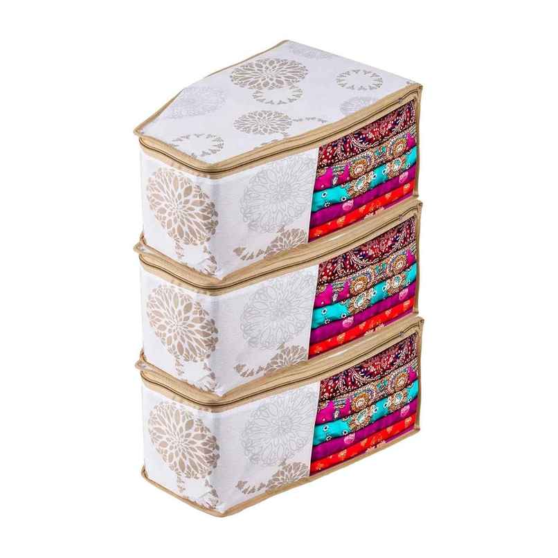 Kuber Industries Pack of 3 Gola-Print Blouse Cover With Zipper | Side Transparent Blouse Bag|White Kuber Industries Pack of 3 Gola-Print Blouse Cover With Zipper | Side Transparent Blouse Bag|White