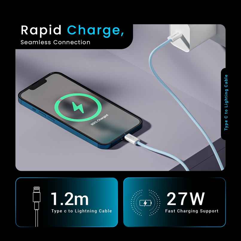 Hammer 27W Type-C to Lightning 8 Pin Nylon Braided Cable, 27W Fast Charging, 480Mbps High Speed Data Transfer & Durable Tangle Free Design, Compatible with iPhone, iPad, iMac, AirPods, 1.2M - Blue