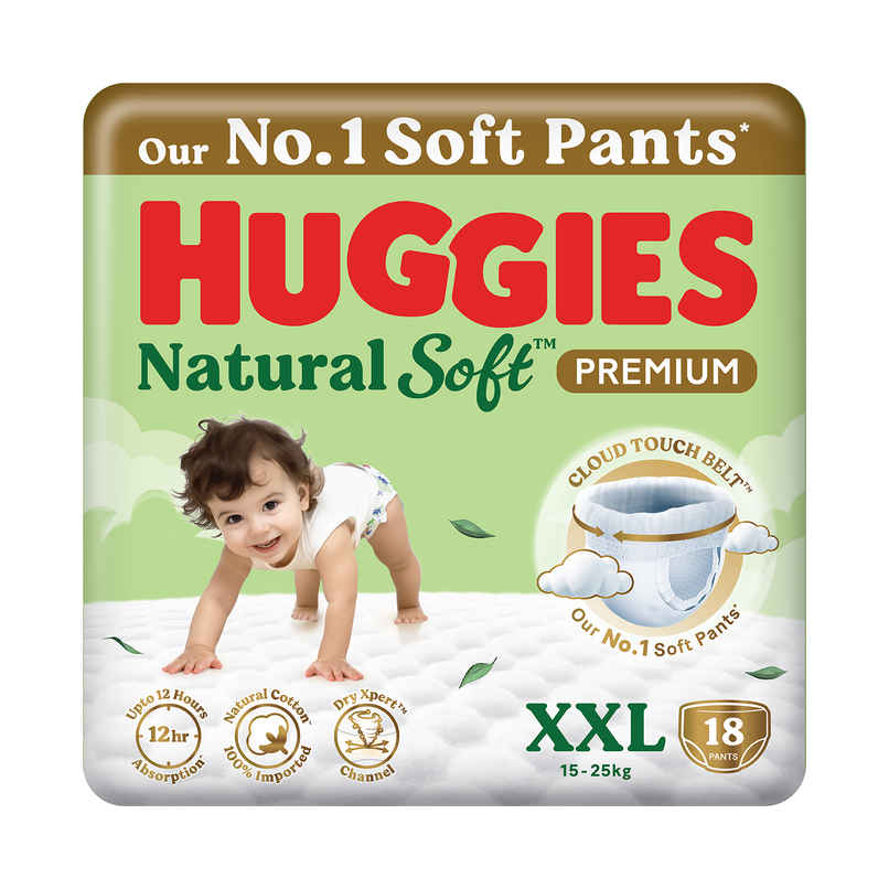 Huggies Natural soft Premium Pant style Baby diaper | XXL , 15-25kg, 12 hour absorption, 100% natural cotton, wetness indicator Huggies Natural soft Premium Pant style Baby diaper | XXL , 15-25kg, 12 hour absorption, 100% natural cotton, wetness indicator