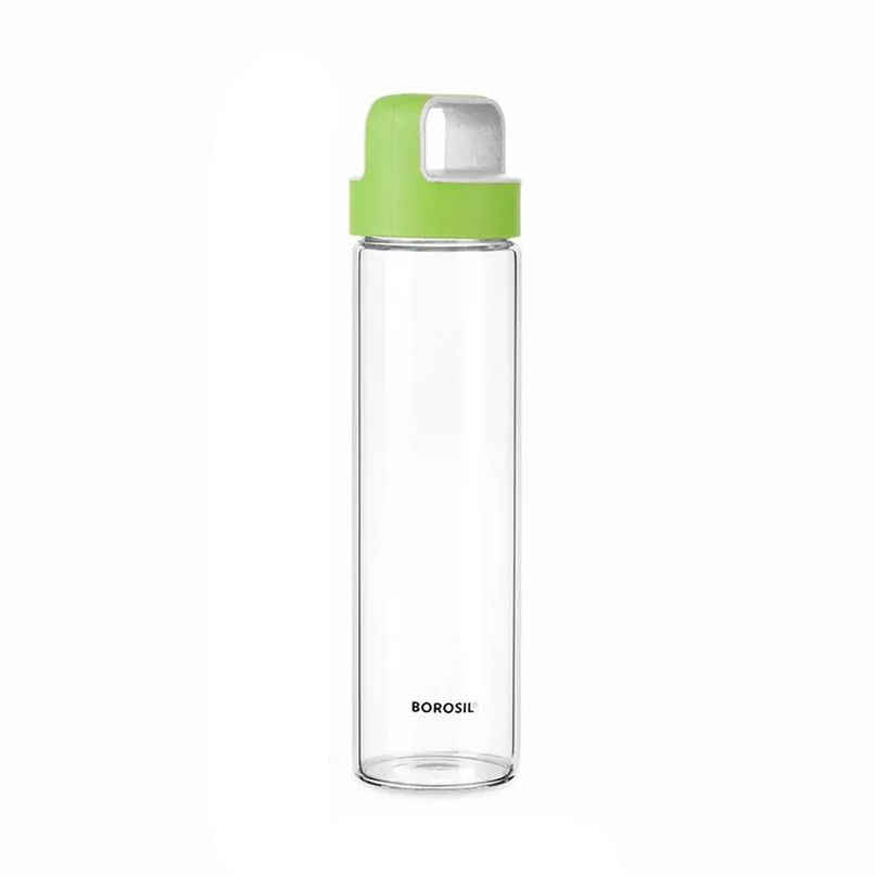 Borosil Borosilicate Neo Glass Water Bottle with Green Lid | Transparent | 550 ml