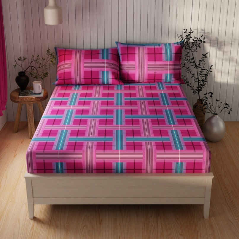 Kopa Extra Smooth Cotton Double Bedsheet With 2 Pillow Covers | Set of 3 | Lopez Checks | Magenta