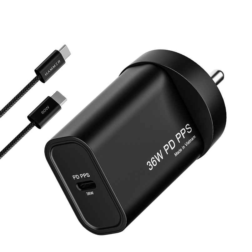 Hammer 36W Fast GaN Charger, iPhone 0 to 50% in 30mins, Dual USB-C | Black