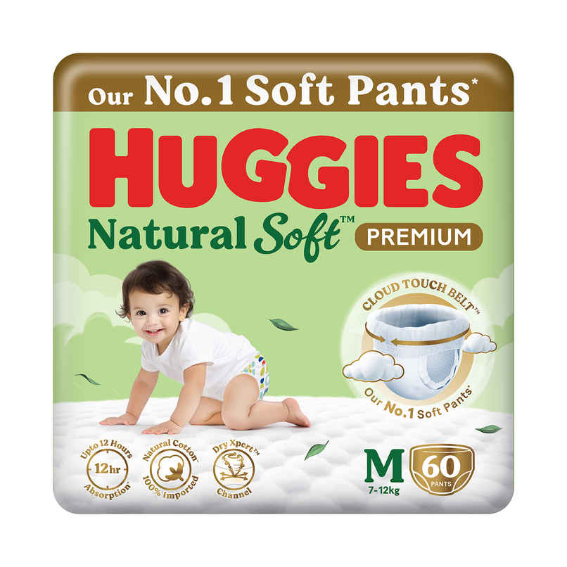 Huggies Natural soft Premium Pant style Baby diaper | Medium , 7-12kg, 12 hour absorption, 100% natural cotton, wetness indicator Huggies Natural soft Premium Pant style Baby diaper | Medium , 7-12kg, 12 hour absorption, 100% natural cotton, wetness indicator