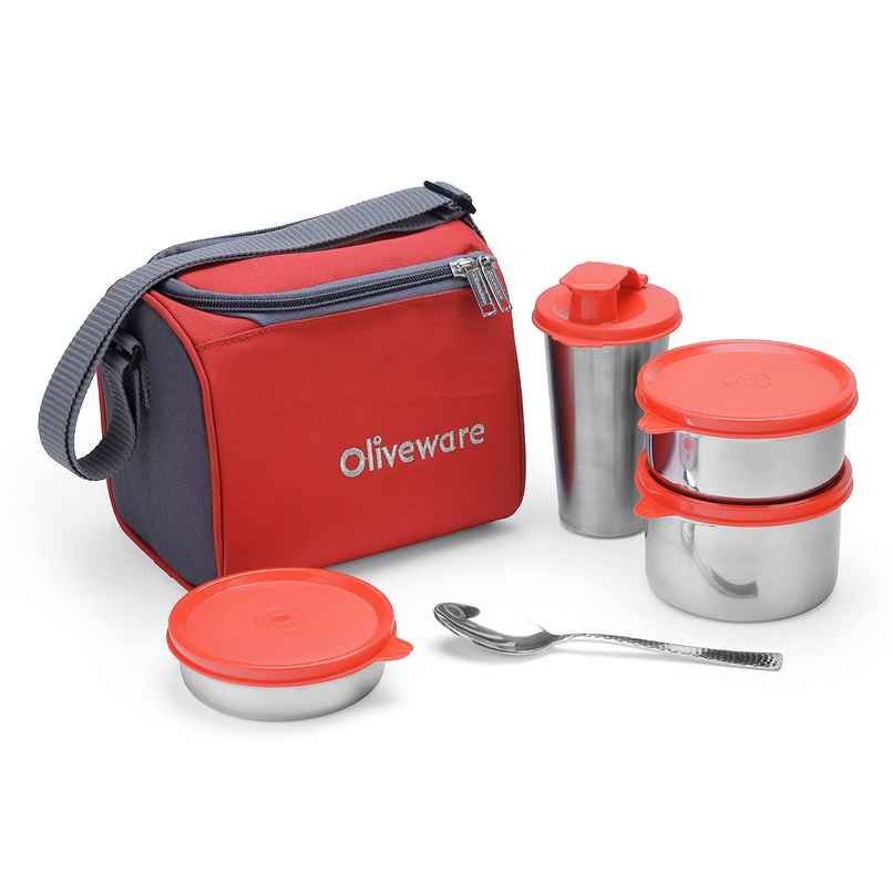 Oliveware Milano Lunch Box, 3 Stainless Steel Containers, Sipper and Steel Spoon - Red Oliveware Milano Lunch Box, 3 Stainless Steel Containers, Sipper and Steel Spoon - Red