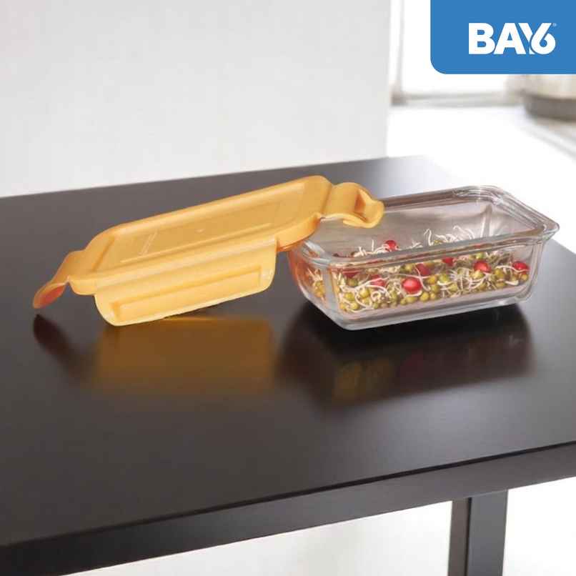 BAY6 Premium Imported Borosilicate Glass Container with Lid 180 ml - Rectangle - Yellow