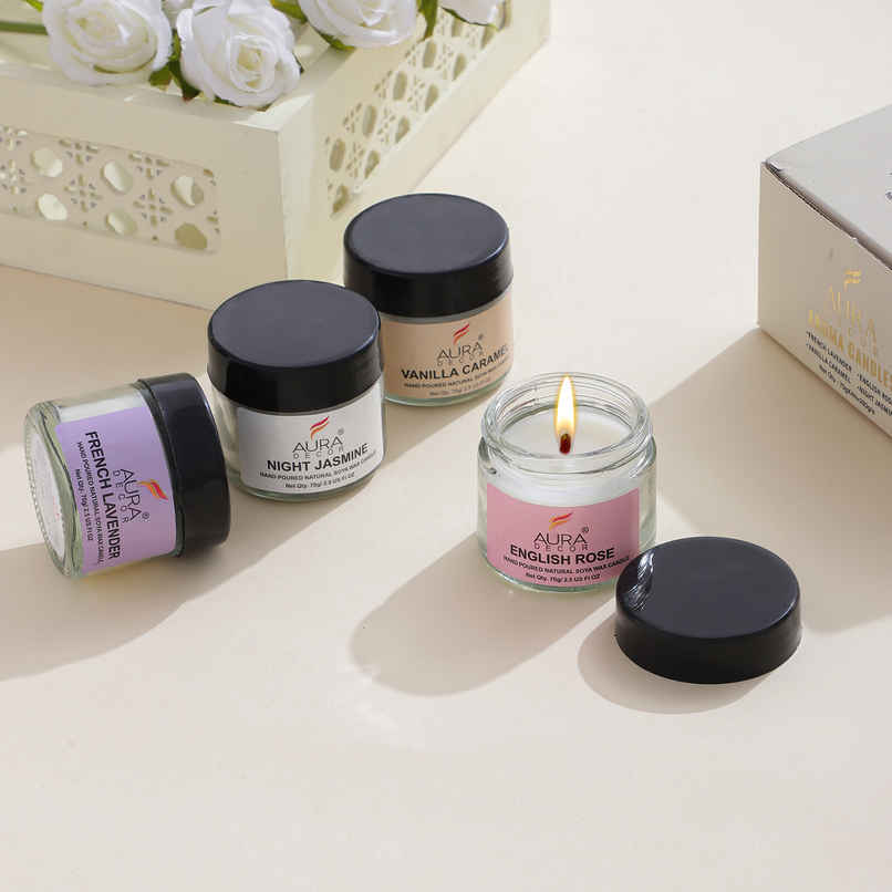 Fragrance Jar Candles | Pack of 4 | English Rose | Vanilla Caramel | Night Jasmine | French Lavender